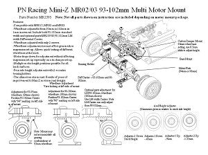 PN Racing Mini-Z MR02 and MR03 93-102mm Multi Motor Mount (Blue) MR2395B RWD